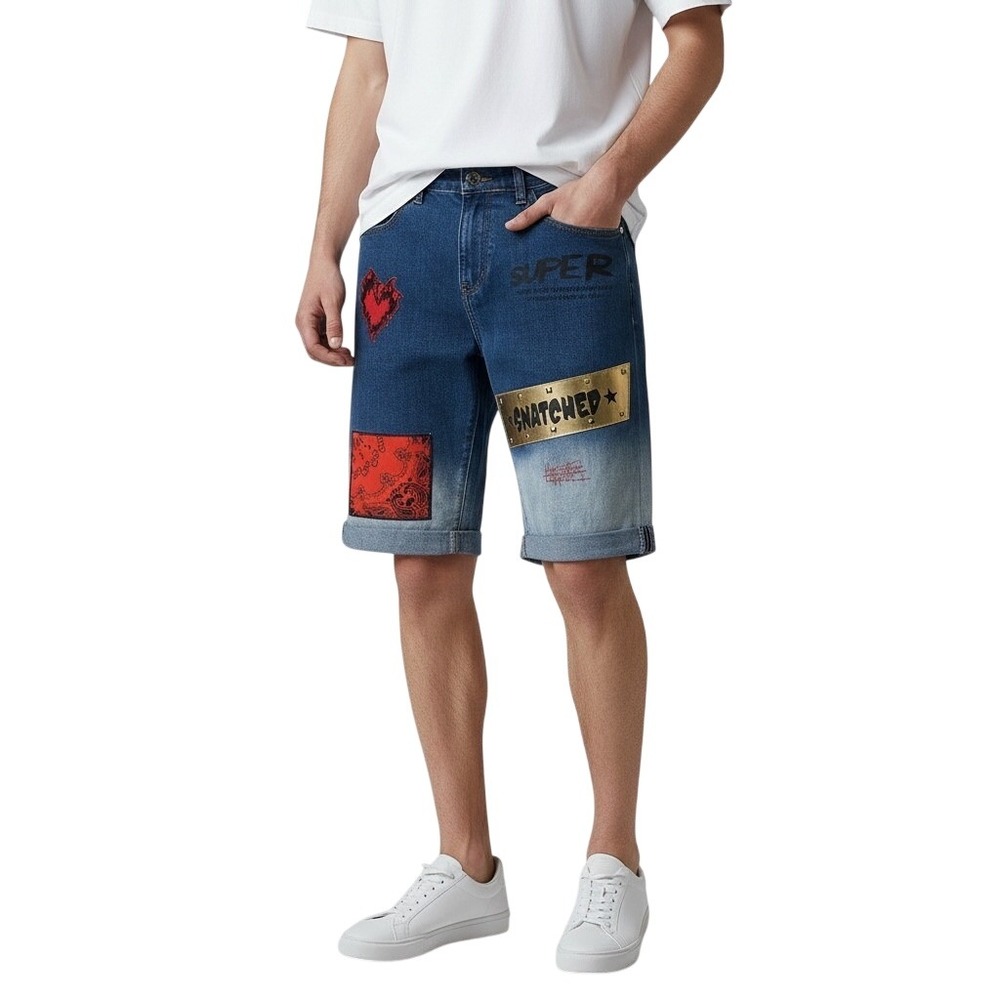 KREP Men's Denim Shorts Embellished Patches Flame Heart Bandana Graphic Size 34‎